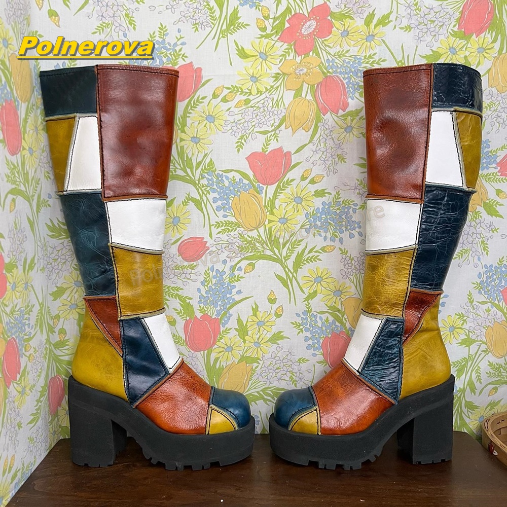 Vintage Fashion Boots - Women Retro Patchwork Leather Knee High