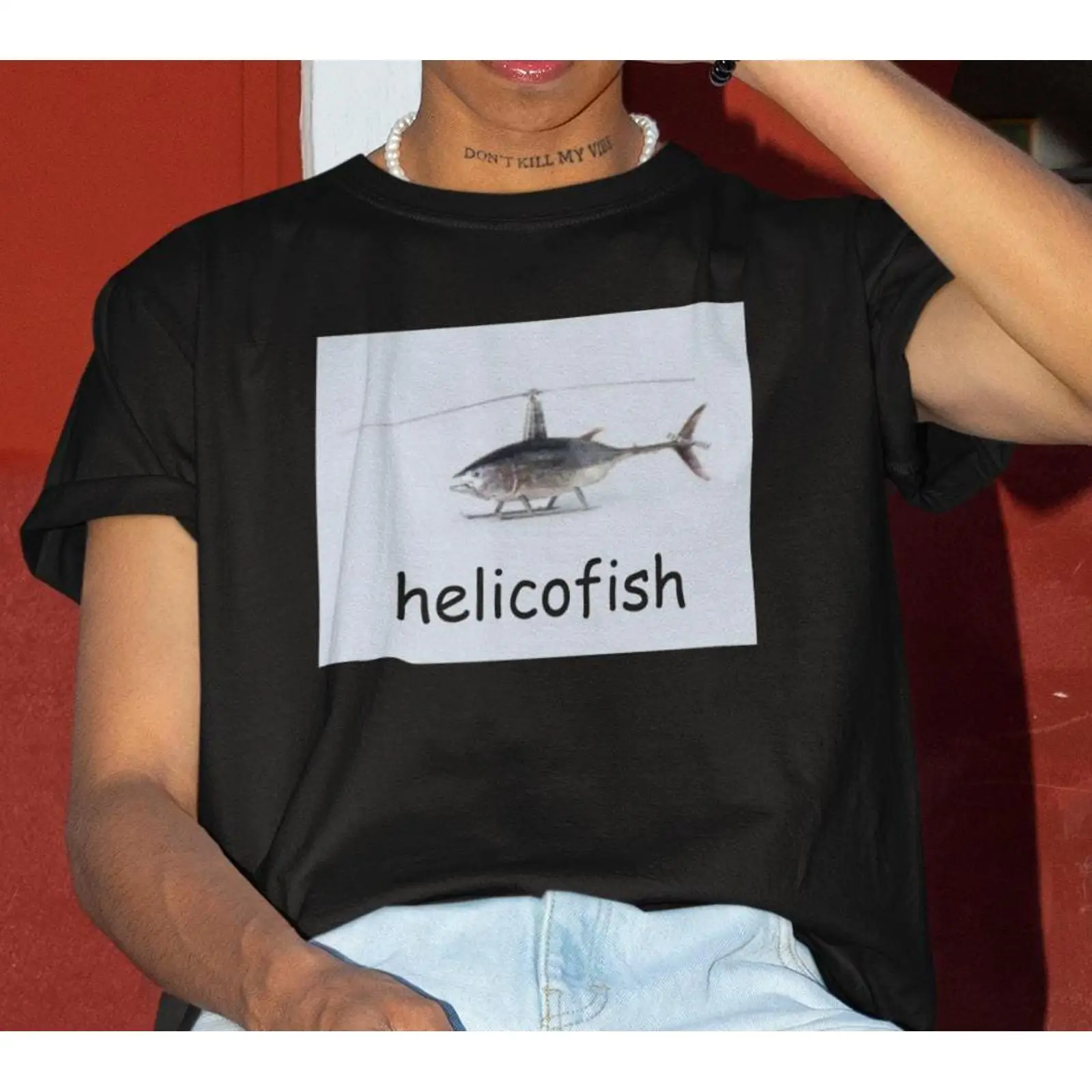 Vintage Fashion Gen Z - Helicofish Funny Meme T Shirt Helicopter