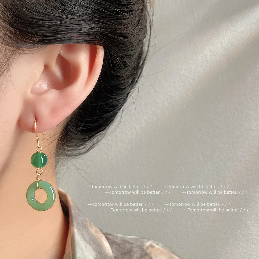 Vintage Fashion Guild - Green Real Jade Ring Earrings Lucky